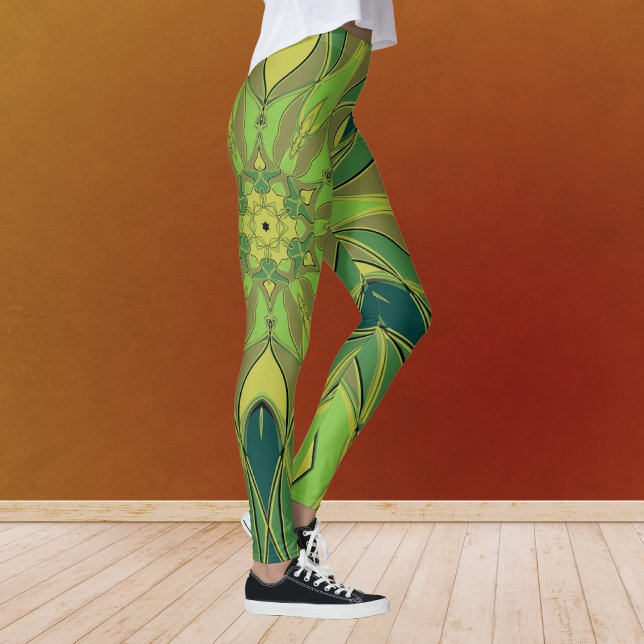 Cartoon Mandala Flower Green Yellow and Blue Leggings (Creator Uploaded)