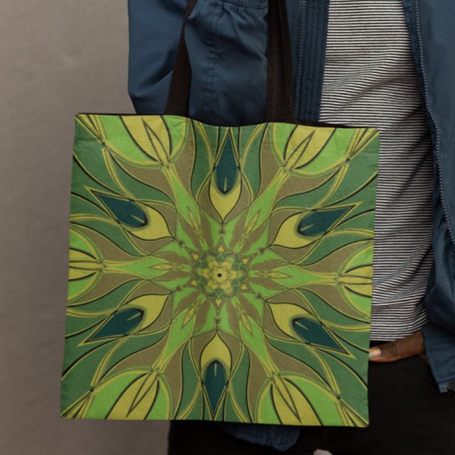 Cartoon Mandala Flower Green Yellow and Blue Tote Bag (Creator Uploaded)