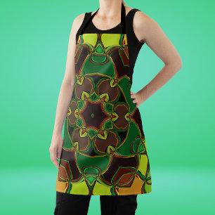 Cartoon Mandala Flower Green Yellow and Orange Apron