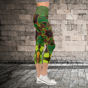 Cartoon Mandala Flower Green Yellow and Orange Capri Leggings