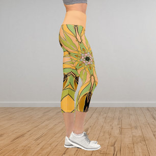Cartoon Mandala Flower Green Yellow and Orange Capri Leggings