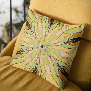 Cartoon Mandala Flower Green Yellow and Orange Cushion