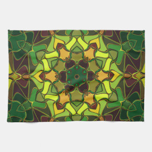 Cartoon Mandala Flower Green Yellow and Orange Tea Towel