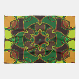 Cartoon Mandala Flower Green Yellow and Orange Tea Towel
