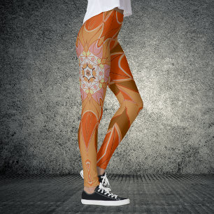 Cartoon Mandala Flower Orange and Pink Leggings