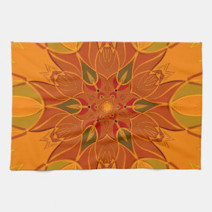 Cartoon Mandala Flower Orange and Red Tea Towel