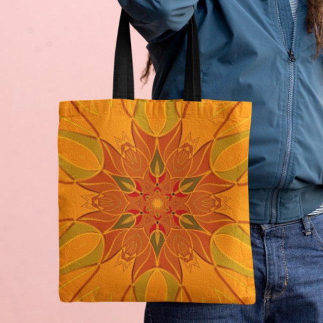 Cartoon Mandala Flower Orange and Red Tote Bag (Creator Uploaded)