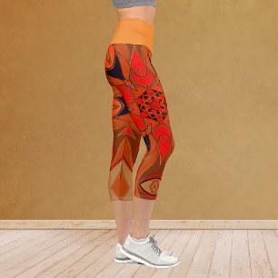 Cartoon Mandala Flower Orange Capri Leggings