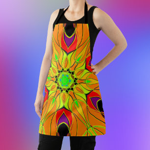 Cartoon Mandala Flower Orange Green and Red Apron