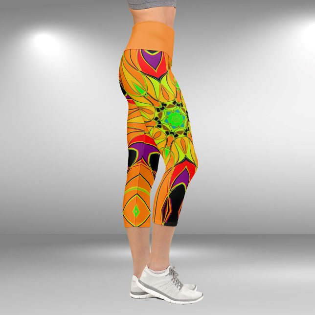Cartoon Mandala Flower Orange Green and Red Capri Leggings (Creator Uploaded)