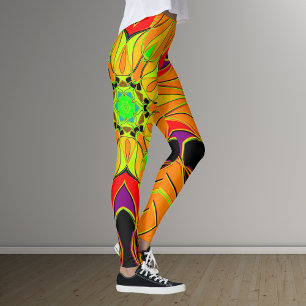 Cartoon Mandala Flower Orange Green and Red Leggings