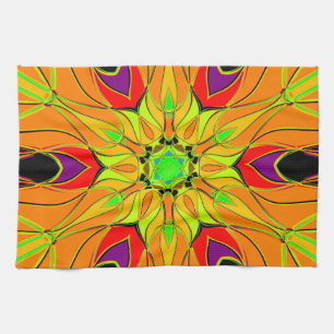 Cartoon Mandala Flower Orange Green and Red Tea Towel