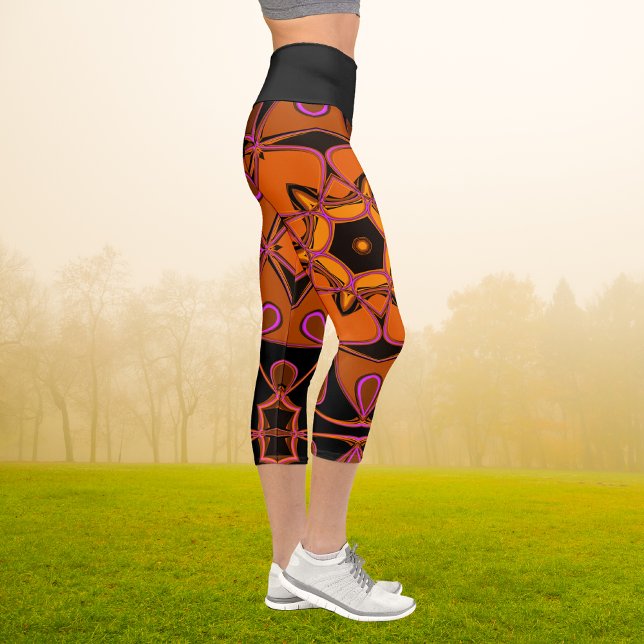 Cartoon Mandala Flower Orange Pink and Black Capri Leggings (Creator Uploaded)