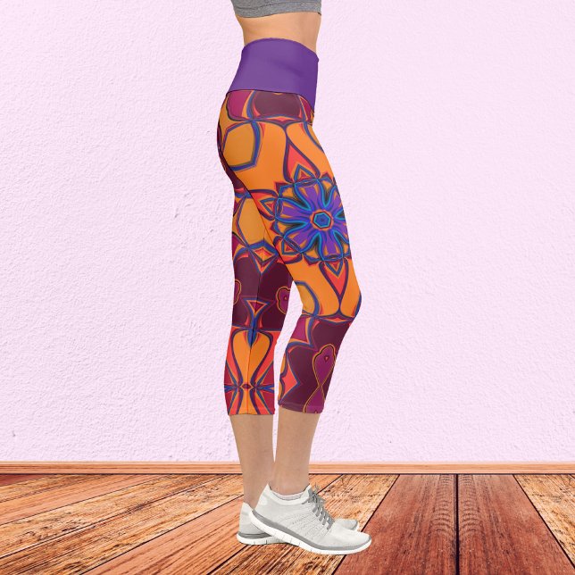 Cartoon Mandala Flower Orange Purple and Blue Capri Leggings (Creator Uploaded)