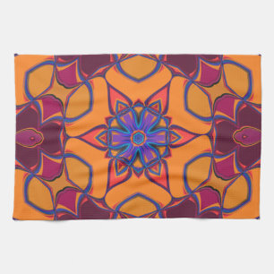 Cartoon Mandala Flower Orange Purple and Blue Tea Towel