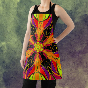Cartoon Mandala Flower Orange Purple and Red Apron