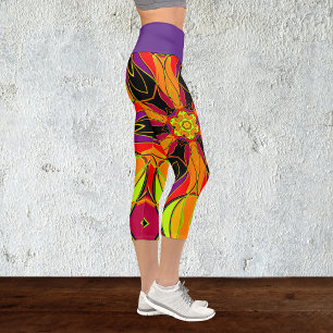 Cartoon Mandala Flower Orange Purple and Red Capri Leggings
