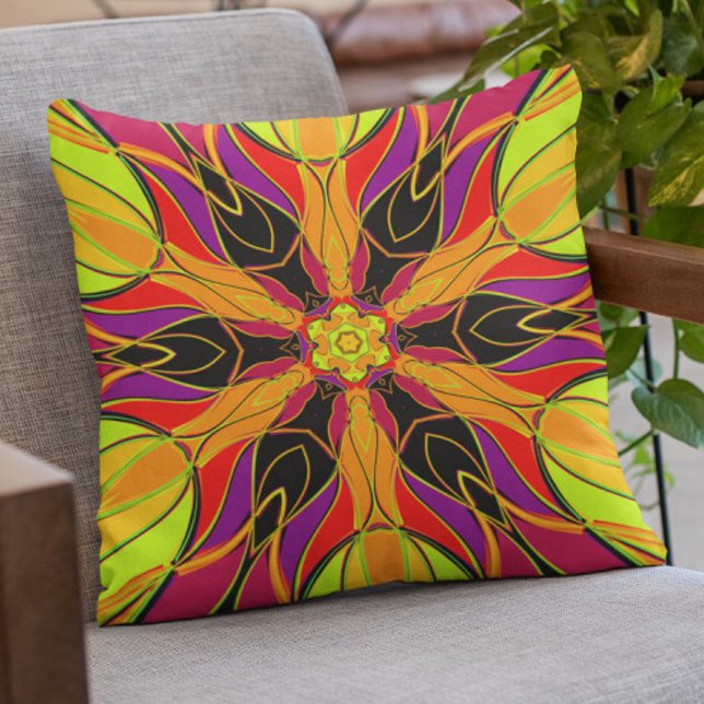Cartoon Mandala Flower Orange Purple and Red Cushion (Creator Uploaded)