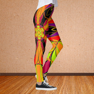 Cartoon Mandala Flower Orange Purple and Red Leggings