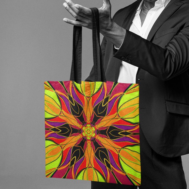 Cartoon Mandala Flower Orange Purple and Red Tote Bag (Creator Uploaded)
