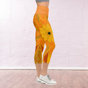 Cartoon Mandala Flower Orange Yellow and Red Capri Leggings