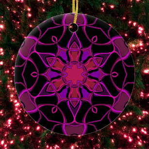 Cartoon Mandala Flower Pink and Black Ceramic Ornament
