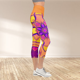 Cartoon Mandala Flower Pink Purple and Orange Capri Leggings
