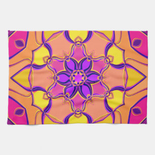 Cartoon Mandala Flower Pink Purple and Orange Tea Towel