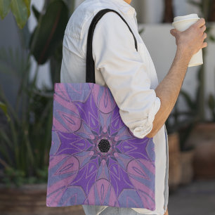 Cartoon Mandala Flower Purple Pink and Blue Tote Bag