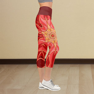 Cartoon Mandala Flower Red and Orange Capri Leggings