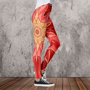 Cartoon Mandala Flower Red and Orange Leggings