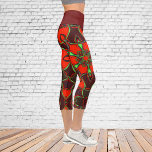 Cartoon Mandala Flower Red and Teal Capri Leggings