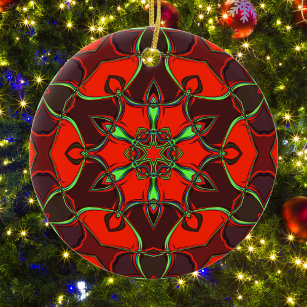 Cartoon Mandala Flower Red and Teal Ceramic Ornament
