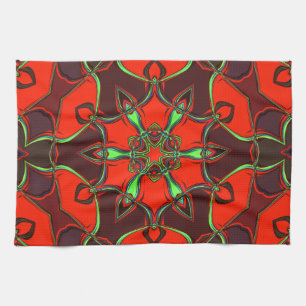 Cartoon Mandala Flower Red and Teal Tea Towel