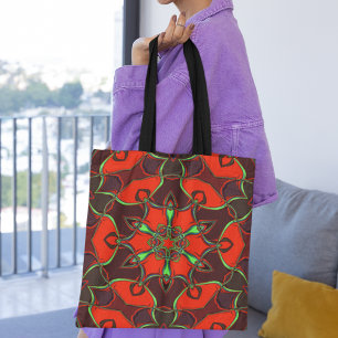 Cartoon Mandala Flower Red and Teal Tote Bag