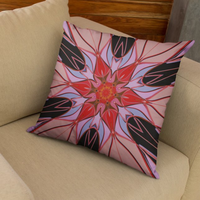 Cartoon Mandala Flower Red Blue and Pink Cushion (Creator Uploaded)