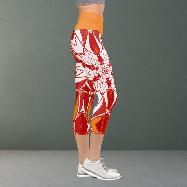 Cartoon Mandala Flower Red Orange and White Capri Leggings (Creator Uploaded)