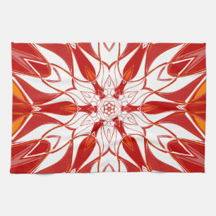 Cartoon Mandala Flower Red Orange and White Tea Towel