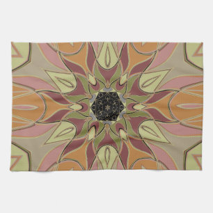 Cartoon Mandala Flower Red Orange and Yellow Tea Towel
