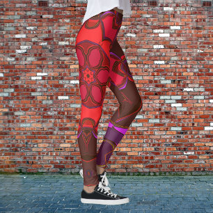 Cartoon Mandala Flower Red Pink and Purple Leggings