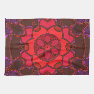 Cartoon Mandala Flower Red Pink and Purple Tea Towel