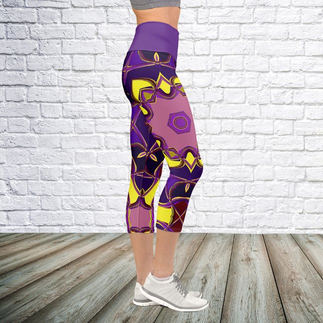 Cartoon Mandala Flower Yellow and Purple Capri Leggings (Creator Uploaded)