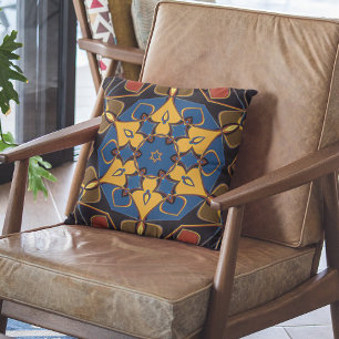 Cartoon Mandala Flower Yellow Blue and Orange Cushion