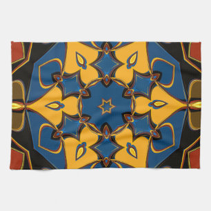 Cartoon Mandala Flower Yellow Blue and Orange Tea Towel