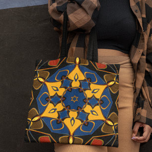 Cartoon Mandala Flower Yellow Blue and Orange Tote Bag