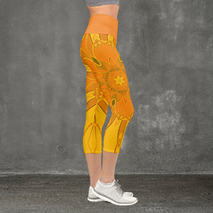 Cartoon Mandala Flower Yellow Capri Leggings