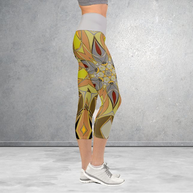 Cartoon Mandala Flower Yellow Grey and Red Capri Leggings (Creator Uploaded)