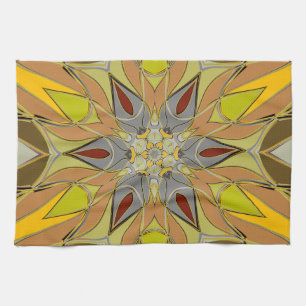 Cartoon Mandala Flower Yellow Grey and Red Tea Towel