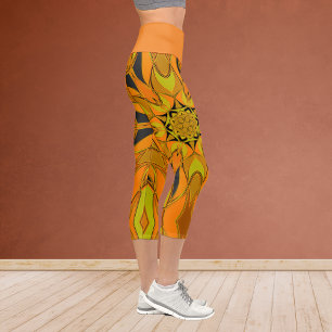 Cartoon Mandala Flower Yellow Orange and Blue Capri Leggings