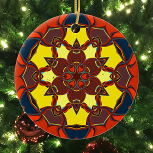 Cartoon Mandala Flower Yellow Orange and Blue Ceramic Ornament